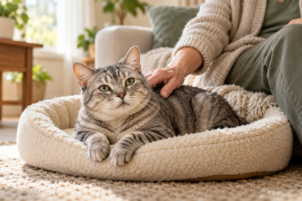 Tabby cat resting in a round bed while an owner strokes it